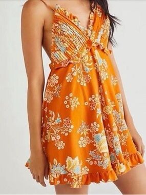 Free people Orange Floral Ruffle Mini Dress